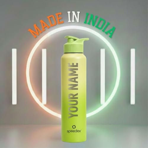 Image of Speedex Customised Stainless Steel Water Bottle 1 Ltr with Name - Personalised Engraved Sipper Cap Bottle for Kids, Men & Women, School, Gym, Office Lime Green, Set of 1