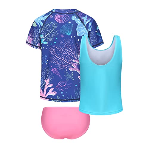Image of Girls 3 Piece Rash Guard Swimsuits Set for Girls Short Sleeve Bathing Suits Hawaiian Swim Set 3-16 Years