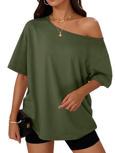 Trendy Queen Womens Off The Shoulder Tops Oversized T-Shirts Short Sleeve Tees Summer 2026 Casual Spring Clothes Workout Gym Y2k Cute Going Out Plus Size Fashion Clothing ArmyGreen XL