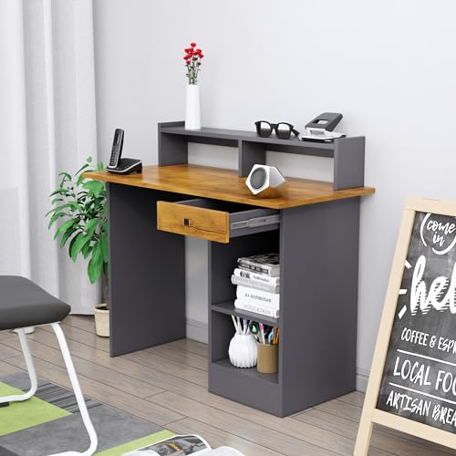 Image of Bniture Wooden Study Table for Home | Engineered Wood Study Table with Book Shelf | Multi Purpose Computer Desk for Study & Writing | Laptop Table with Drawers & Storage Shelf, Slate Grey & Giant Wood