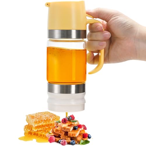 Cididu Honey Dispenser Pot No Drip, Glass Honey Jar 9 Oz, Honey Container with Handle and Lid, Maple Syrup Dispenser with Base, Clear Honey Squeeze Bottle for Bread Tea Coffee Yogurt, Easy to Use