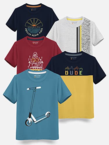 Image of HELLCAT Boys Round Neck Printed Blended Cotton Tshirt -Combo Pack of 2 - Orange /Blue