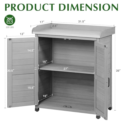 Outdoor Storage Cabinet & Potting Bench Table with Metal Top, Wooden Patio Furniture, Garden Workstation (Classic Grey, 39x31.5x17in)