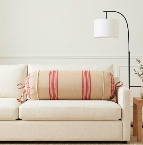 Image of SAJAVAT HOME Bolster Cover Pack of 2, Light Yellow Red Stripe Cotton Bolster Pillow Covers with Tie Closure | Round Pillow Cover Set for Bed, Sofa & Side Pillow | 16x32 Inch