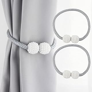 Curtain Tiebacks,Magnetic Curtain Tiebacks Pearl Ball Curtain Drapes Clips Rope Holdbacks for Home Office,2 Pieces (White)