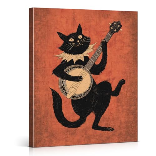 Whimsical Black Cat Music Wall Art Vintage Cat Playing Banjo Canvas Print Poster Animal Music Wall Decor for Home Living Room Bedroom 8x10 Inch Framed