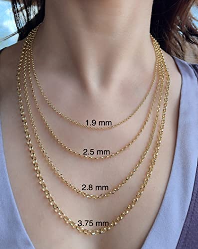 JEWELHEART 14K Yellow Real Gold Rolo Chain 1.5mm 1.9mm 2.5mm 2.8mm 3.75mm 4.2mm 5.2mm Diamond Cut Trendy Round Link Chain Pendant Necklace For Women with Lobster Clasp 16" 18" 20" 22" 24"2