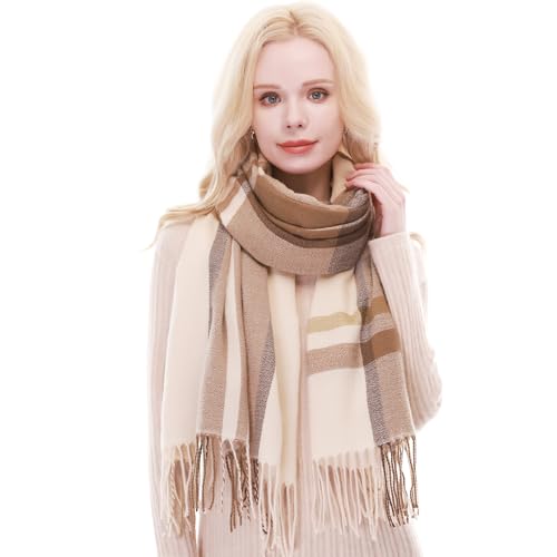 RIIQIICHY Plaid Scarf for Women Fall Winter Pashmina Scarves Wraps for Cold Weather Warm Large Ivory/Brown/Grey