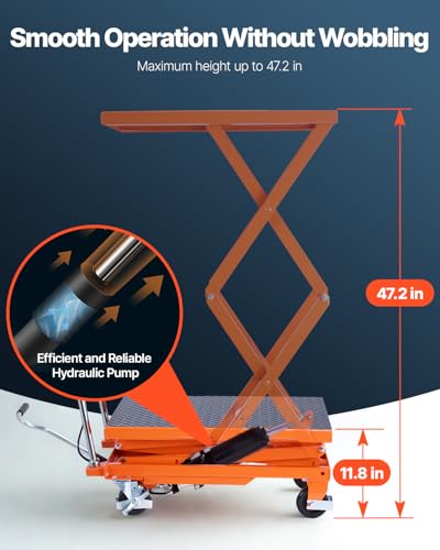 Image of VEVOR Hydraulic Lift Table, 500 lbs Capacity, 47.2 inch Lifting Height, Double Scissor Lift Table Cart with 4 Wheels and Non-Slip Pad, Manual Hydraulic Lifting Cart for Material Handling & Transportation