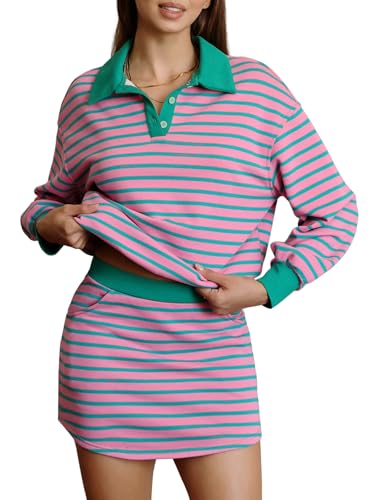 EXLURA Womens Two Piece Sets Cotton Striped Sweatshirt Matching Skirt Skort Tennis Vacation Cruise Outfits Travel Set 2026