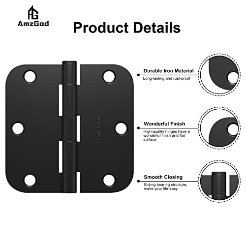 AmzGod Door Hinges Matte Black - 30 Pack Black Door Hinges 3.5 Inch Rounded Interior Door Hinge with 5/8" Radius Corners - Black Hinges for Doors 3 1/2 Inches Flat Iron Residential Door Hardware - Image 4