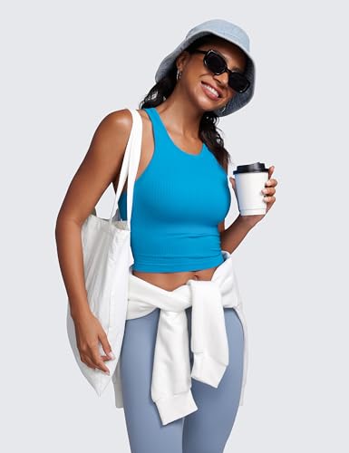 Image of CRZ YOGA Seamless Rib Racerback Crop Tank | Light Support, Removable Pads, Yoga, Ribbed, Racerback, Longline Sports Bras for Women