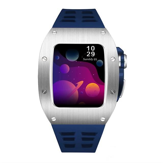 Bracelet caoutchouc bleu et boîtier acier pour Apple Watch Series 8 7 6 SE