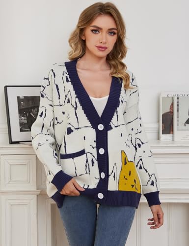 Image of Gihuo Women Cat Sweater Oversized Cute Kawaii Cardigan Knit Graphic V Neck Loose Fit Long Sleeve Cardigan Coat