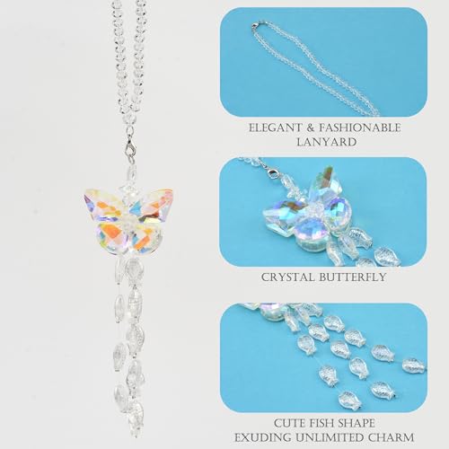 Image of Crystal Butterfly Car Rear View Mirror Hanging Ornament Lucky Butterfly with Fishes Tassel Bead Sun Catcher Pendant Car Interior Decoration Accessories
