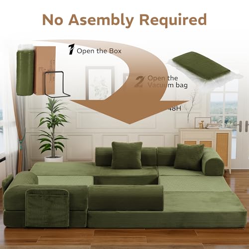 Image of 142 inch 7-in-1 Convertible Modular Sectional Sofa Bed, Green | Corduroy Fabric, Reinforced Frame, Deep Seat, Storage Bag, Tool-free Assembly for Living Room