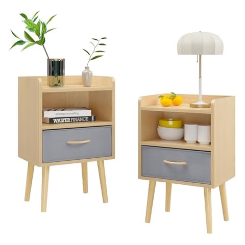 FAMIKITO 2PCS Nightstand with 1 Drawer, 2-Tier Storage End Table, 24.8 Inch Bedside Furniture with Open Storage Shelf for Kids, Girls, and Boys, Nightstand for Bedroom, Oak Cover