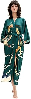 PRODESIGN Long Kimono Robe Satin Sleepwear Phoenix Handprinted Silky Nightgown Bathrobe Blouse Cardigan for Women