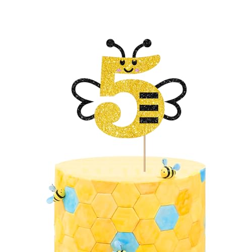 Bumble Bee 5th Birthday Cake Topper, Bee Five Cake Topper, Black&Gold Glitter Honey Bee 5 Years Old Cake Topper for Boys Girls, Bee Themed 5th Anniversary Party Decoration