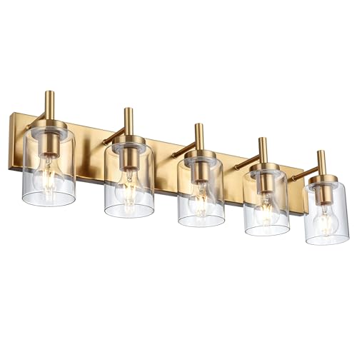 Image of 5-Light Bathroom Light Fixtures, Brushed Brass Indoor Vanity Light Over Mirror with Milky White Frosted Glass Shades Modern Wall Lighting for Hallway Makeup Table