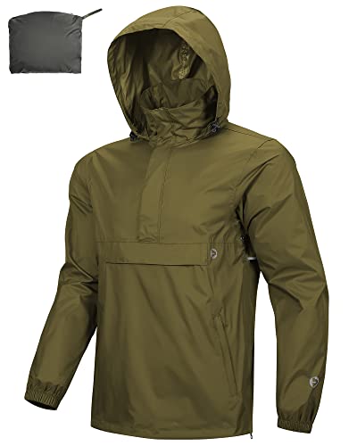 Outdoor Ventures Rain Jacket for Men Waterproof Pullover Lightweight Hooded Outdoor Raincoat Packaway Breathable Reflective Anorak Jacket for Travelling Camping Running Hiking Green S