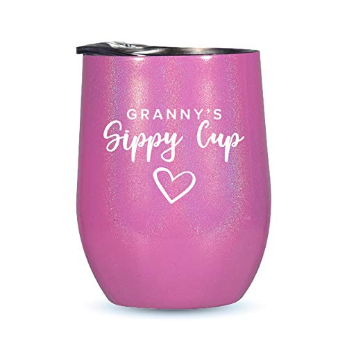 Gifts for Grandma - Insulated Wine Tumbler - 12oz with Steel Straw with Cleaning Brush - Granny’s Sippy Cup - BPA Free Lid – Glitter Stainless Steel Wine Tumbler - Grandma's Sippy Cup