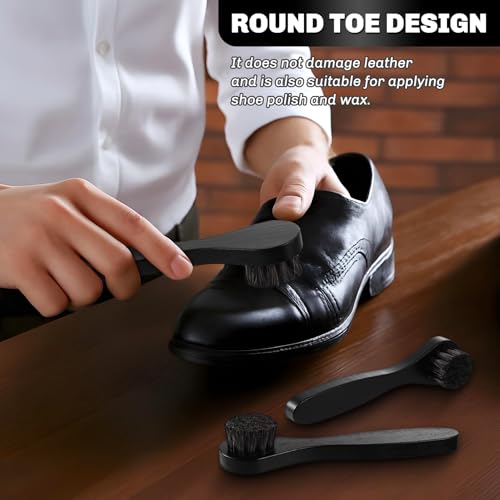 Image of 4 Pcs Horsehair Shine Shoes Brush Kit Polish Dauber Applicators Cleaning Leather Shoes Boots Care Brushes Suede Cleaner Brush with Microfiber Shoe Cloth(Black Handle A)