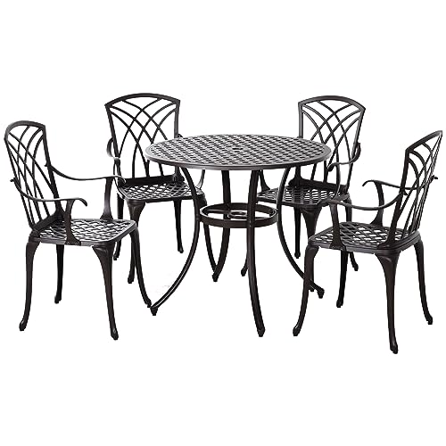 Outsunny 5 Pieces Garden Dining Set for 4, Cast Aluminium Outdoor Dining Set with 4 Armchairs and...