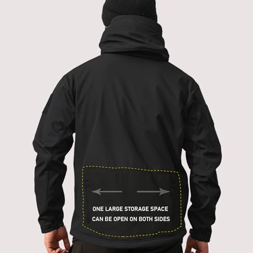 Image of Men's Tactical Fleece Lined Jacket Softshell Military Hooded 7 Pockets Windproof Outdoor Work Rain Coats Black M