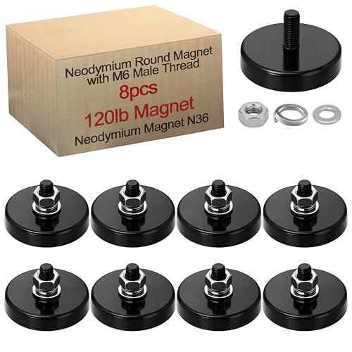 Image of Flutesan 8 Pieces Heavy Duty Round Mounting Magnet with Bolt 1.42in-120lb-m6 Black with Male Thread Stud Strong Earth Magnet Super Powerful for Lighting Camera Brackets License Plate