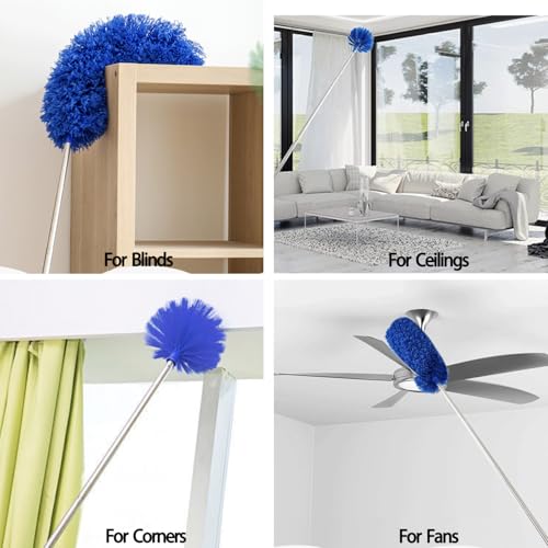 Image of Cobweb Duster with Extension Pole, Ceiling Cob Web Cleaner Kit with 2 Duster Heads, 15-100 Inch Telescopic Microfiber Cleaning Duster, Long Corner Duster Tool for High Walls, Fans, Blinds Blue