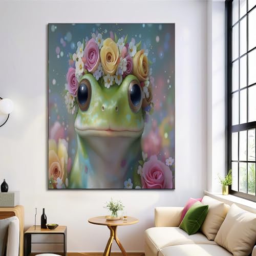Impresiones murales de rana y corona de rosas en gran lienzo para salón de 80x120cm