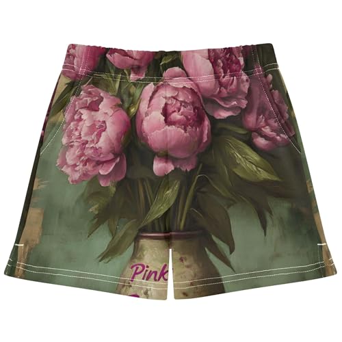 Girls Lounge Shorts Vintage Pink Peony Floral Vase Print Comfy Kids Athletic Pajamas Cute Summer Clothes, X-Small
