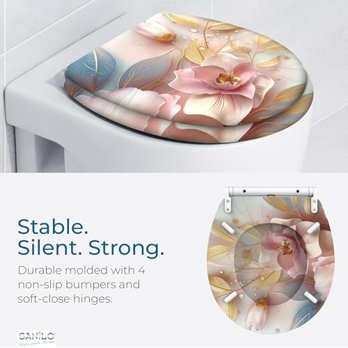 Image of Sanilo Wooden Toilet Seat with Quick Release & Soft Close [ROUND] - Decorative & Slow Close Molded Wood Seat - With One Click for Easy Installation & Cleaning - With Adjustable Fit (Florentia)