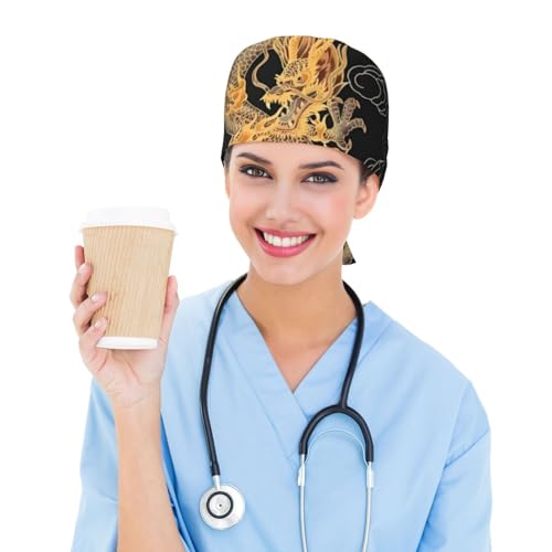 Image of Cute Pug Dog Print Working Cap Scrub Cap with Sweatband,Adjustable Fashion Bandage Tie Back Hat Headwear for Women Men