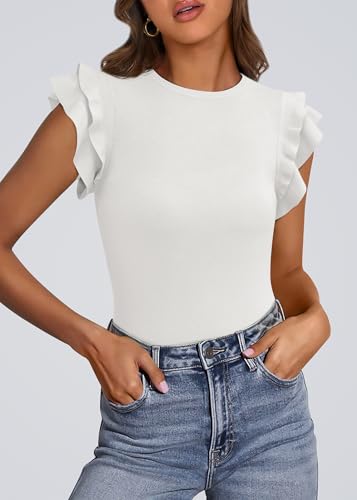 KIRUNDO Summer Sweaters for Women Lightweight 2025 Fall Ruffle Short Sleeve Business Casual Tops Slim Soft Knit T Shirts4
