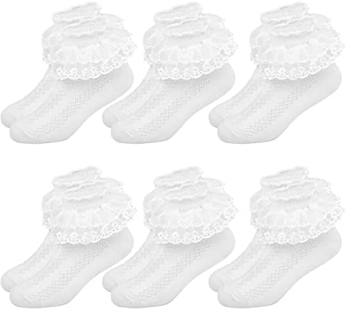 6 Pairs Girls Lace Socks Children Baby Cotton Ruffled Trim Ankle School Socks Fancy Princess Cute Partywear Socks for Age 1-9
