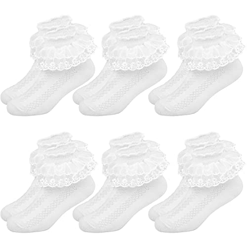 6 Pairs Girls Lace Socks Children Baby Cotton Ruffled Trim Ankle School Socks Fancy Princess Cute Partywear Socks for Age 1-9