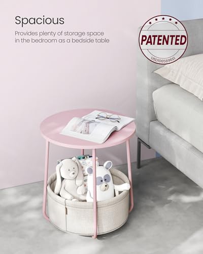 VASAGLE LILEA Collection - Small Round Side End Table, Modern Nightstand with Fabric Basket, Jelly Pink and Cream White ULET223R61