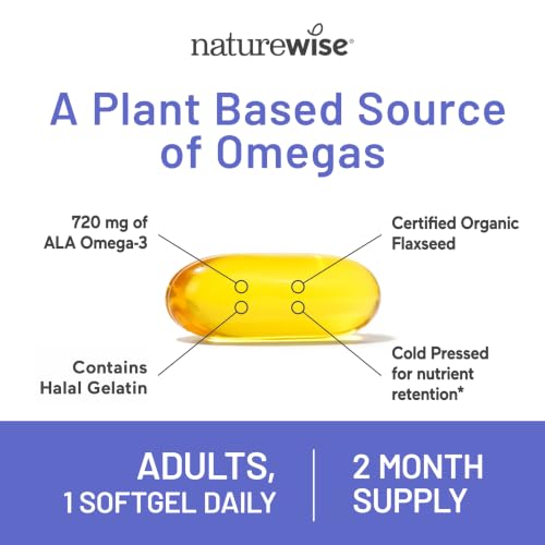 Image of NatureWise Flaxseed Oil 1200 mg, Fish Free Omega 3 6 9 with 720mg ALA - CCOF Certified Organic Flaxseed Oil - Plant-Based Omega - Cold Pressed, Non-GMO - 60 Softgels[2-Month Supply]