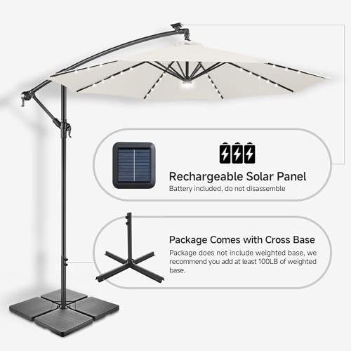 Image of Solar Offset Patio Umbrella - 10 FT Solar Cantilever Umbrella Outdoor with 40 LED Lights and Cross Base, UV Protection for Garden, Deck, Backyard, Pool, Porch, Ivory
