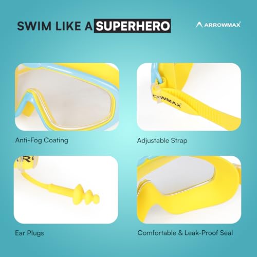 Image of ArrowMax Swimming Goggles for Kids 3-14 Years | Anti-Fog Swim Goggles with UV Protection & Ear Plugs | Leak-Proof Adjustable Goggles for Boys & Girls | Free Case Included (Blue /Yellow)