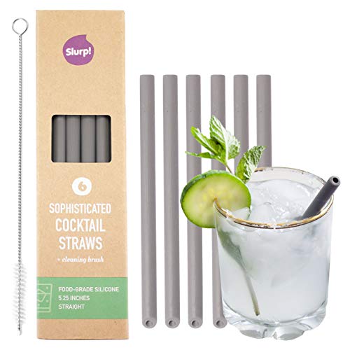 Slurp Straw 6 Pack and Cleaning Brush, 5.25-inch Short Reusable Silicone Drinking Straws
