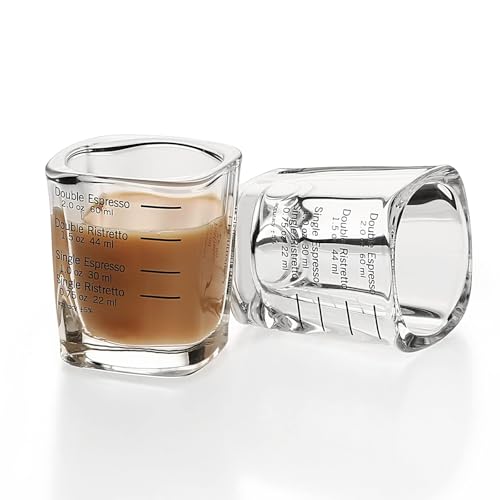 Gorgeskid Compact Espresso Cups Set with Built-in Scale - 2-Piece Thickened Glass Coffee Shot Glasses for Double/Single Espresso & Ristretto (60ml/44ml/30ml/22ml) - Accurate Measurement 5%