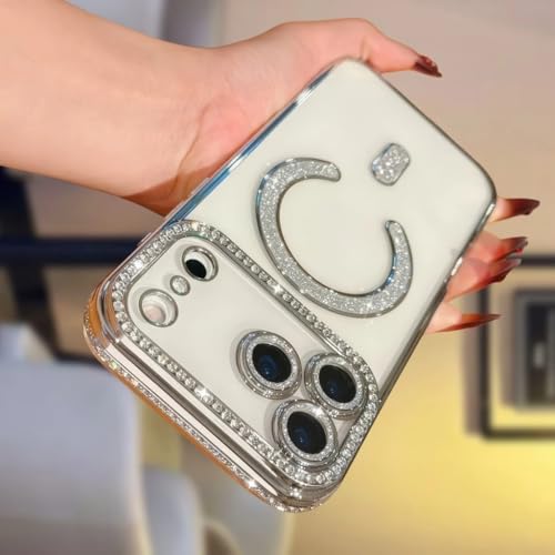 Image of for iPhone 17 Pro Max Magnetic Glitter Case,Luxury Bling Rhinestone Diamond Plated Bumper Case Sparkle Camera Lens Protection Clear Cover for iPhone 17 Pro Max (Silver)