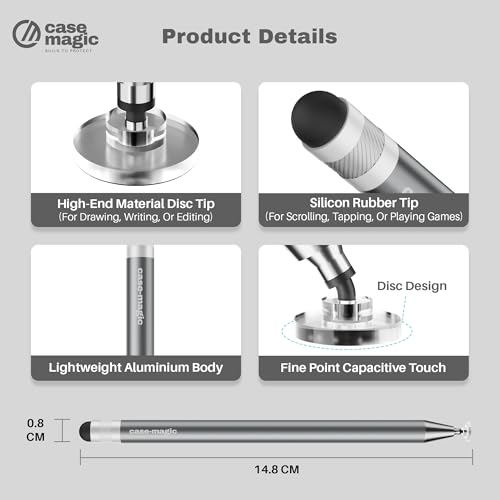 Image of 2 in 1 Universal Stylus Pen with Fine Point Disc Tip+ Rubber Fiber Tip| for Smartphone /Tablet /iPad /Pro /Air /iPhone /iOS /Android /All Touch Screens| Aluminum Body (Grey)