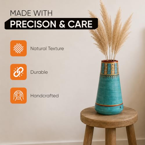 Image of Aakriti Art Creations Turquoise Blue Conical Vase | Modern Art Terracotta Flower Vase | Matte Finish Decorative Vase for Living Room, Table & Floor Decor