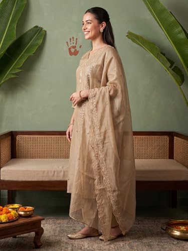 Image of INDO ERA Women's Silk Blend Ethnic Motifs Embroidered Thread Work Straight Kurta & Pant with Dupatta Set (Beige IEBBAI372 Large)