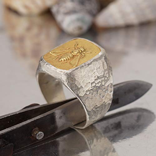 Atlantisfinejewels 925 Sterling Silver Bee Coin Large Men's Signet Ring Hammered Handmade Turkish Artisan Designer Jewelry By Omer (9) #TOP3