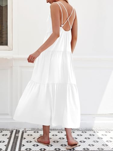 Febriajuce Women’s Summer Maxi Dress Casaul Spaghetti Straps Solid V-Neck Backless Cami Dresses with Two Pockets4